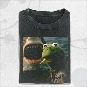 Washed Dark Humor Shirt, Smoking Frog Meme Tee, Shark Attack